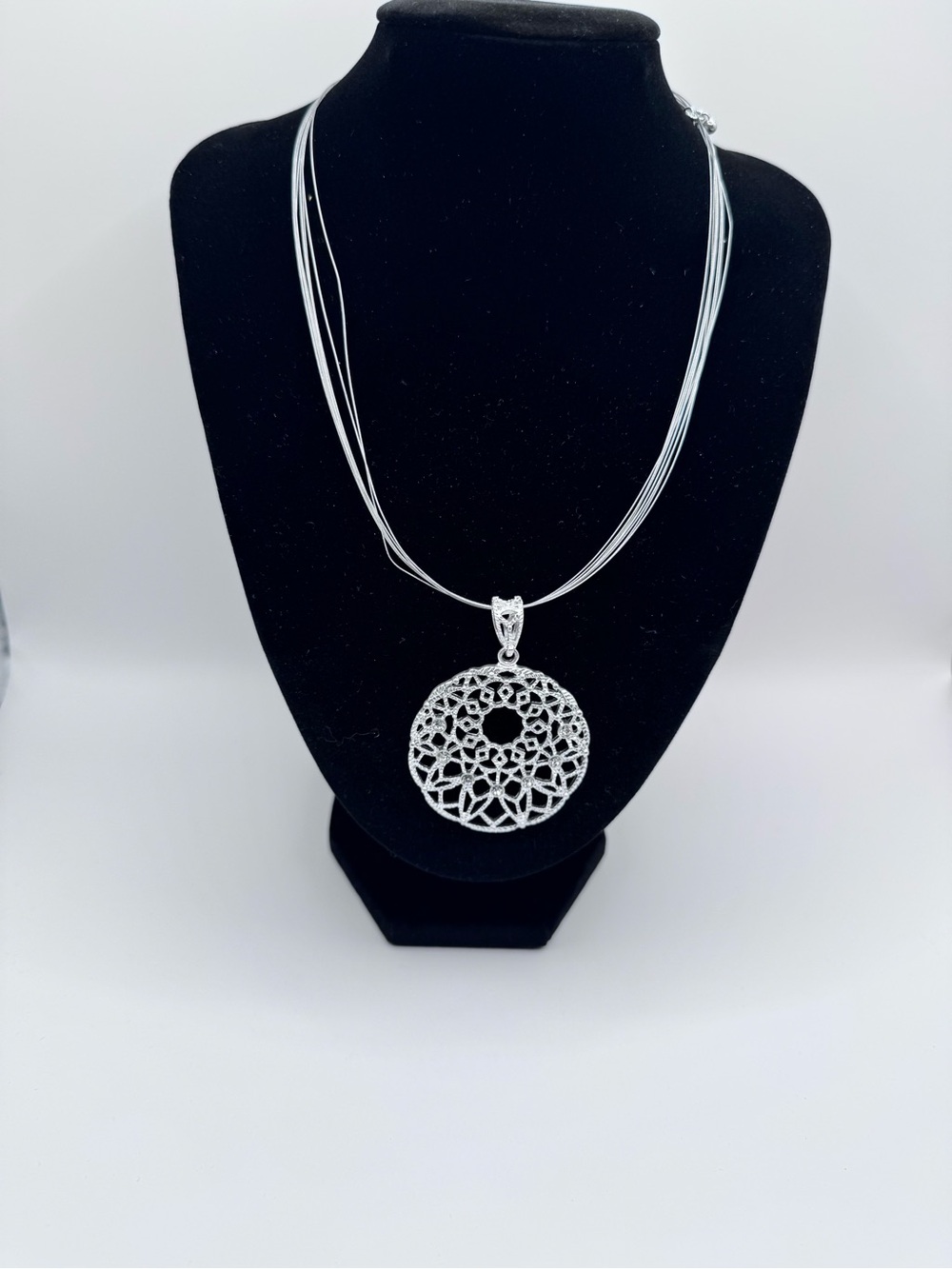 Silver Filigree Round Charm Pendant Multi-Strand Layered Rhinestone Necklace
